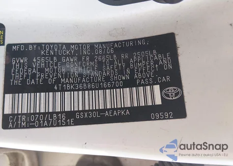 2006 Toyota Avalon Limited z USA, uszkodzony, nr VIN 4T1BK36B86U166700